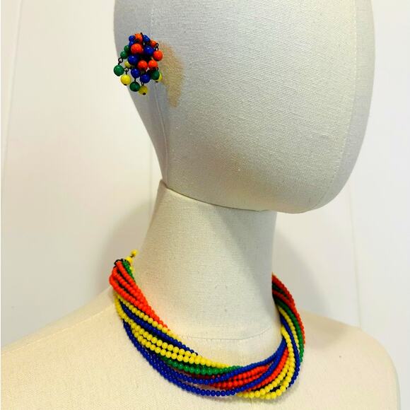 Vintage 1930s Multi Strand Necklace/Earring Set Japan Glass Beads Bright Costume - Picture 8 of 8